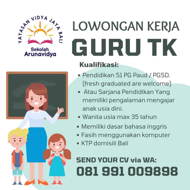 balilokers's tweet photo. Sekolah Aruna Vidya berlokasi di Renon, membuka lowongan pekerjaan untuk posisi GURU TK
.
Kualifikasi :
• Pendidikan S1 PG PAUD / S.Pd yang memiliki pengalaman mengajar anak usia dini
• Wanita usia maksimal 35 tahun
• Menyukai dunia anak anak, kreatif &amp; komunikatif https://t.co/a8yY8UovY8