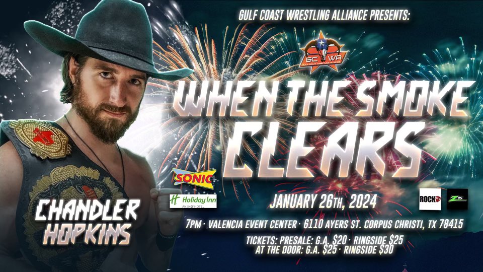 🚨Making his way back to GCWA for “When The Smoke Clears” is the Artillery shell of the show, and our Champ!! The Young Gun Chandler Hopkins returns to defend his Title!! Who will the next shot at the GCWA gold?? 👀 Stay tuned! 🚨 @TheYoungGun_CH