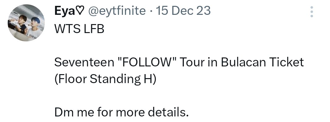 Hello Carats! Ticket for Day 1 FOLLOW Tour in Bulacan Floor Standing H is still available.

Dm me for more details.