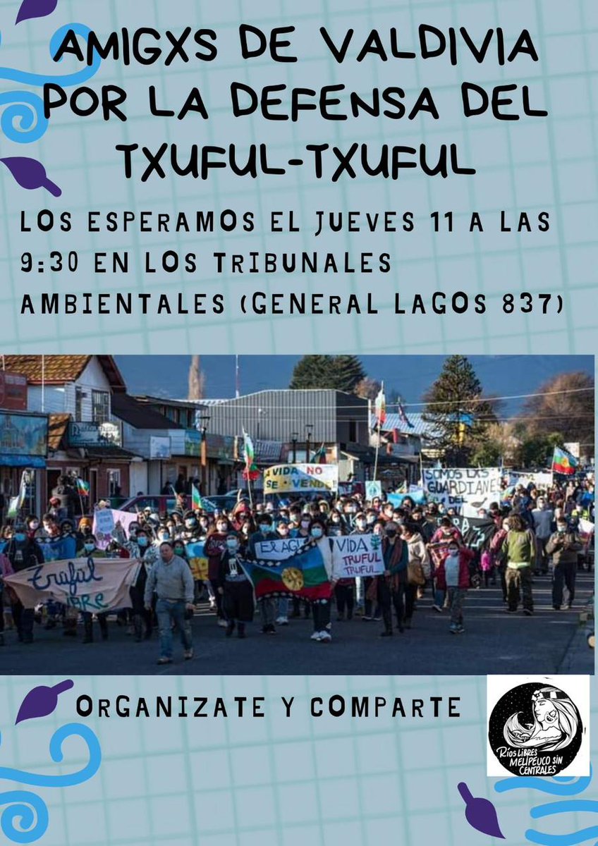 AguaEnMarcha's tweet photo. Este jueves 11 de enero "Ríos Libres Melipeuco Sin Centrales" asiste a los Tribunales Ambientales de Valdivia.

Invitación abierta para viajar en Defensa del Río Trüfül Trüfül!!!!!

Les esperamos 

#melipeuco 
#melipeucosincentrales 
#rioslibres https://t.co/pJ879PxSBU