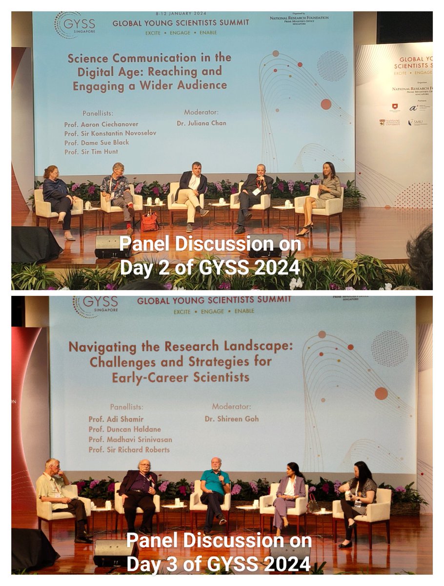 AtifIsl54943016's tweet photo. Excited to share pictures from panel discussion @gyss_sg with Nobel Prize winners—brilliant minds discussing smart ideas and cool stuff. #FusionInSession #NRFsg #GYSS2024 #NobelChat #BrilliantMinds #Singapore #Science #globalsummit #youngscientists https://t.co/ZYd4OJtino