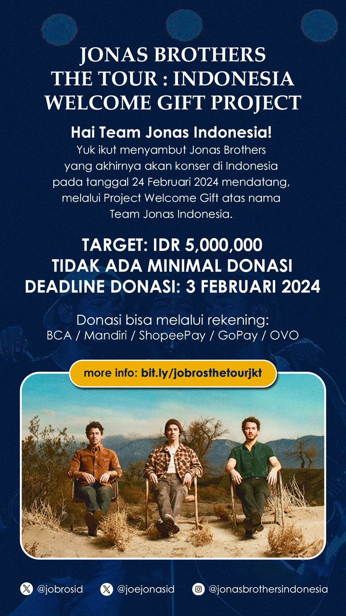 joejonasID's tweet photo. 💌 Jonas Brothers - The Tour in Jakarta fan projects 💌

Halo Team Jonas Indonesia!
To celebrate the upcoming concert we have some projects you can participate in.

Details on the picture

fundraising details here : https://t.co/Jm3NPtbGoD

#jonasbrothersinjakarta @jonasbrothers https://t.co/j0lgLEhGnB