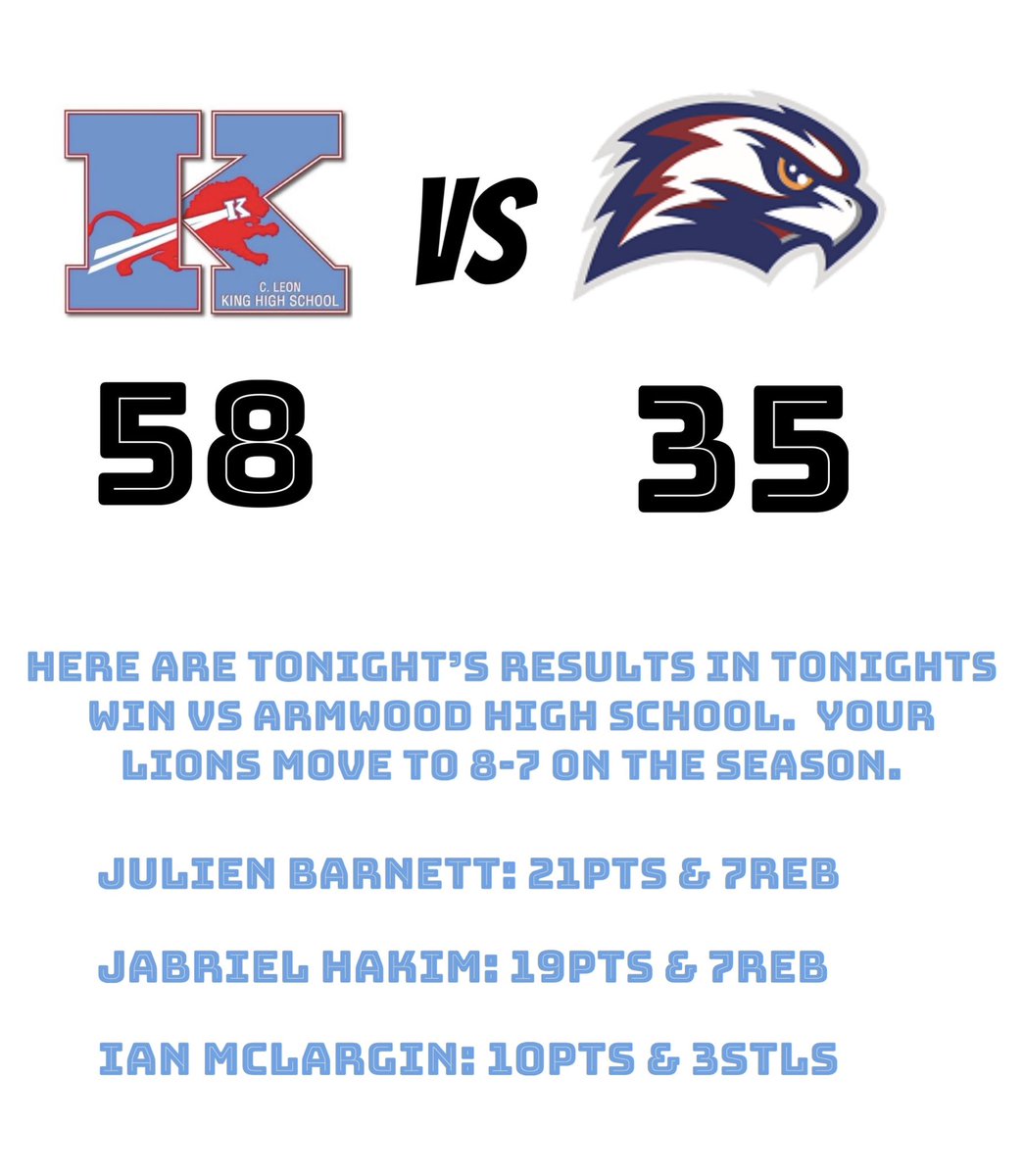 Here are tonight’s results from tonight’s win against Armwood. Your lions move to 8-7 on the season as we enter the second half. 

#Go🦁 <a href="/FryeChuck/">Chuck</a> <a href="/BayAreaHoopsfl/">Reg Burke ΦΒΣ🤘🏾</a> <a href="/RussHoops/">Russ Wood</a>
