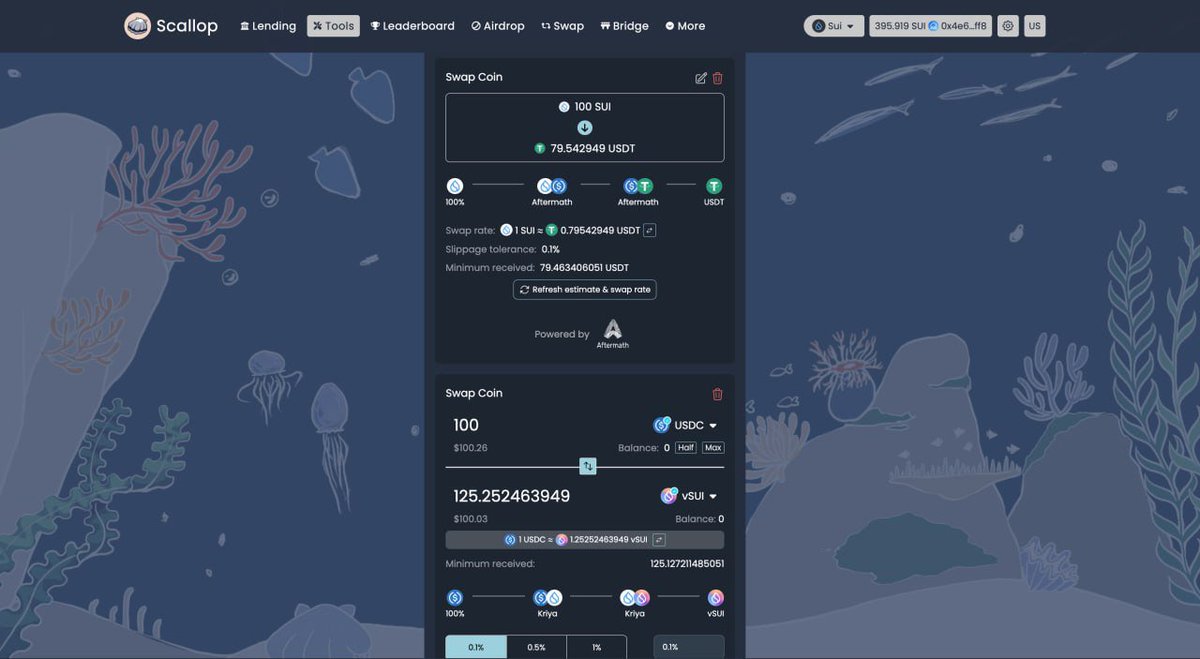 💧Introducing Scallop Swap - Powered by <a href="/AftermathFi/">Aftermath Finance (🥚, 🥚)</a> 

Scallopers are now able to swap #SUI tokens with ease using Scallop Tools!

Need to make multiple swaps at once? Why not make them all at once in one Sui PTB (Programable Transaction Block)!

Try it now👇