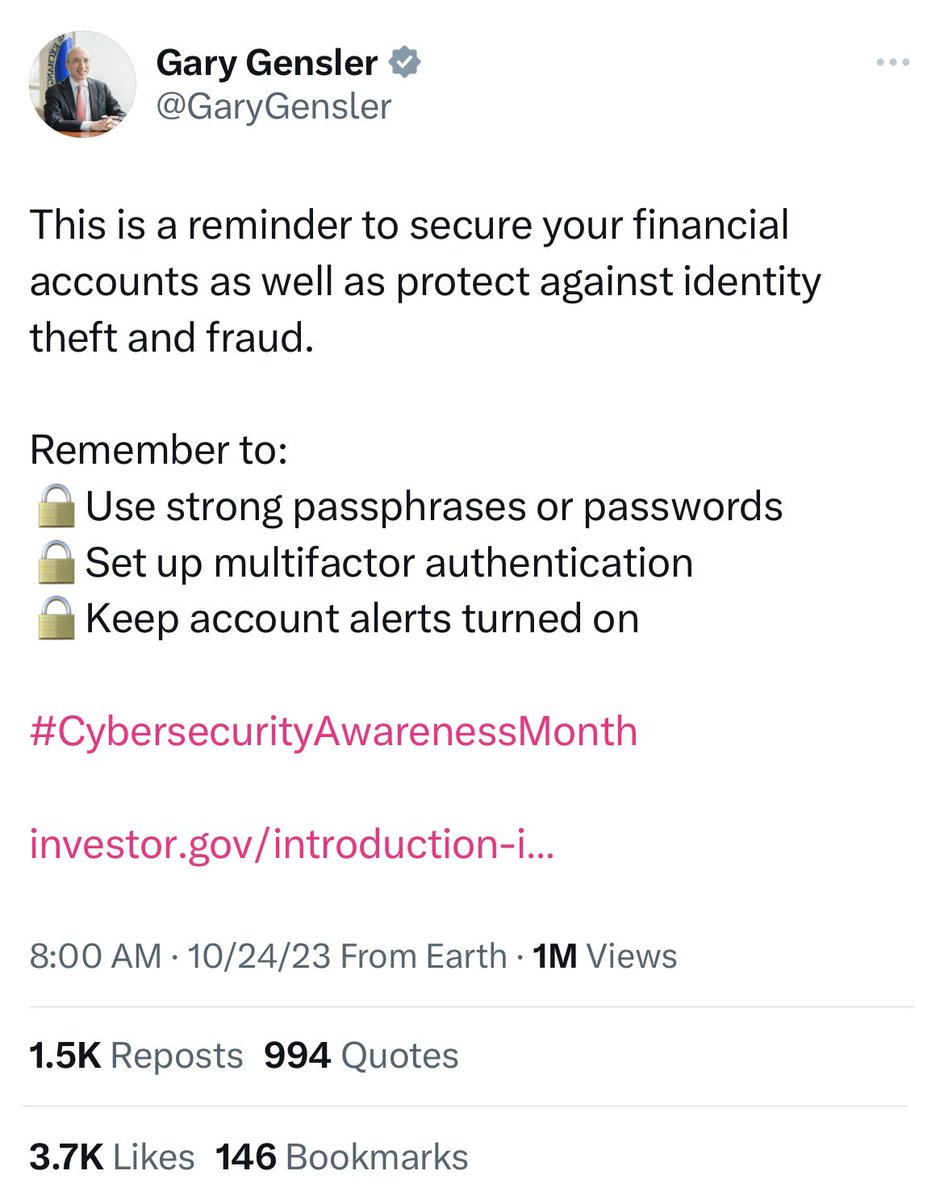 All these <a href="/SECGov/">U.S. Securities and Exchange Commission</a> and <a href="/GaryGensler/">Gary Gensler</a> advice tweets are aging horribly today.