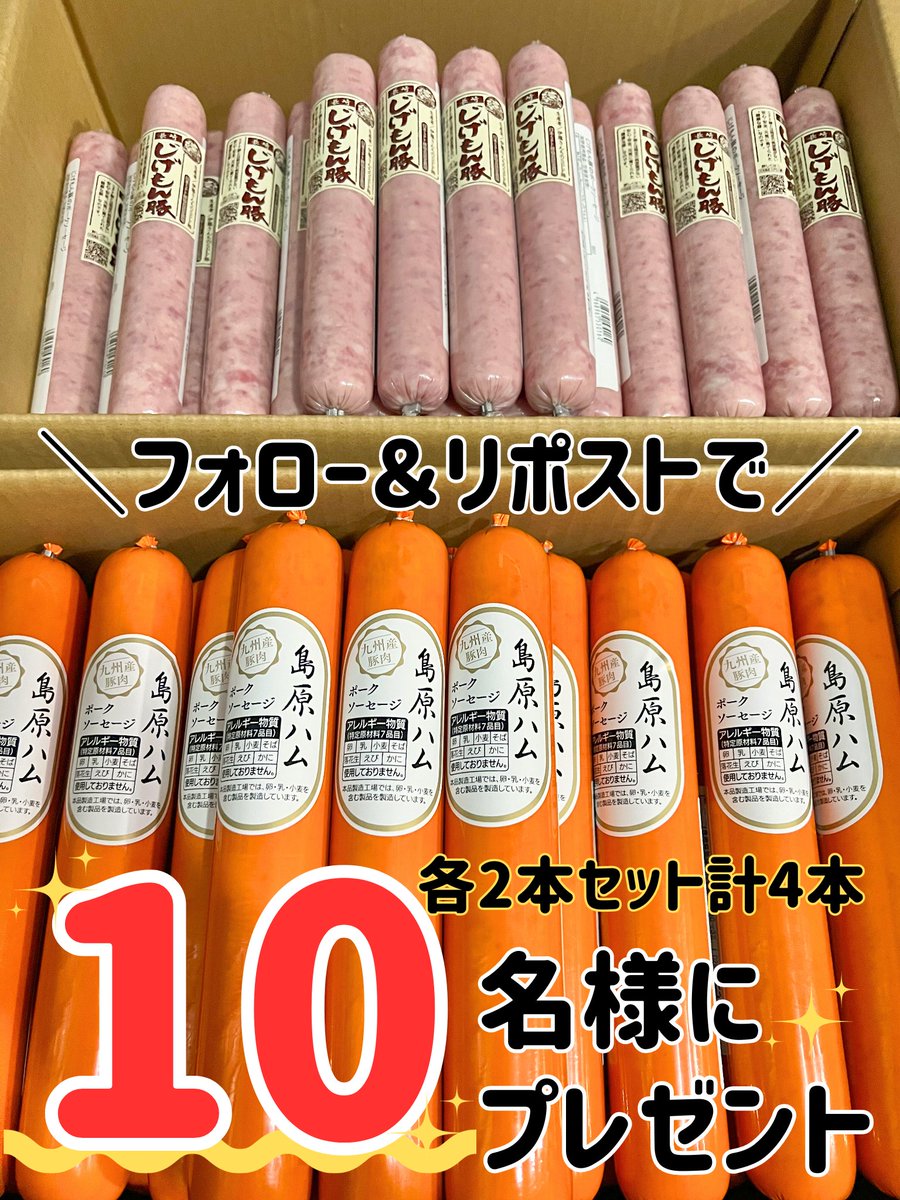 daikofoods's tweet photo. ／
10万フォロワー様
ありがとうございます！！！
記念キャンペーーーン🎁✨
＼

島原ハム ポークソーセージ
じげもん豚のポークソーセージ
各2本セット計4本を
10名様にプレゼント！！！

応募方法は
フォロー＆この投稿をリポスト🔁
2024/1/16(火)まで

今年もたくさんキャンペーンするぞ～🤩！！ https://t.co/TtCvZd4IG6