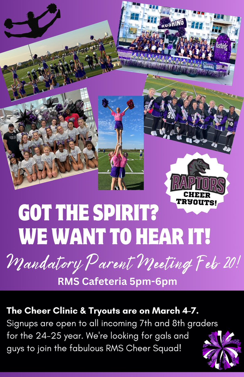CheerRushing's tweet photo. Rushing and PHS cheer tryout information!  Come join us!!  💜💚 @CheerProsper @ProsperRushing https://t.co/bcgtrAz116