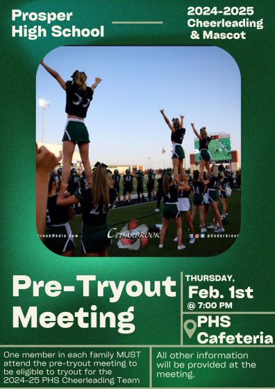 CheerRushing's tweet photo. Rushing and PHS cheer tryout information!  Come join us!!  💜💚 @CheerProsper @ProsperRushing https://t.co/bcgtrAz116
