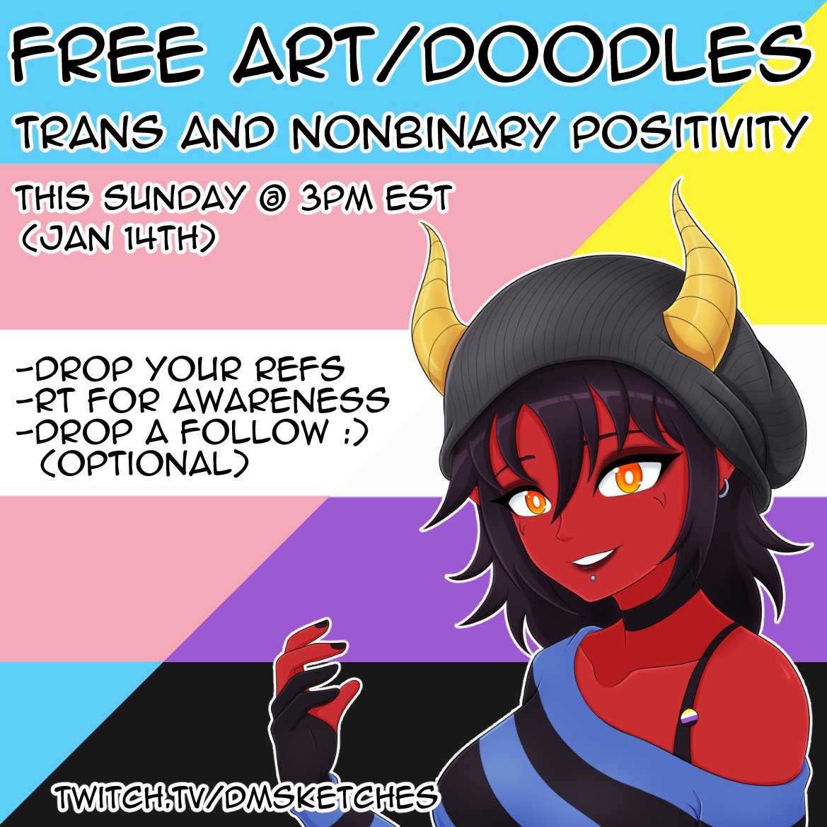 DMSketches's tweet photo. Howdy peeps. With all of the negativity and transphobia happening, I'm pulling this post back out to show support and appreciation for my fellow Nonbinary and Trans content creators! Let's spread some good vibes and nice art to the community. https://t.co/xGaXxBi9VD