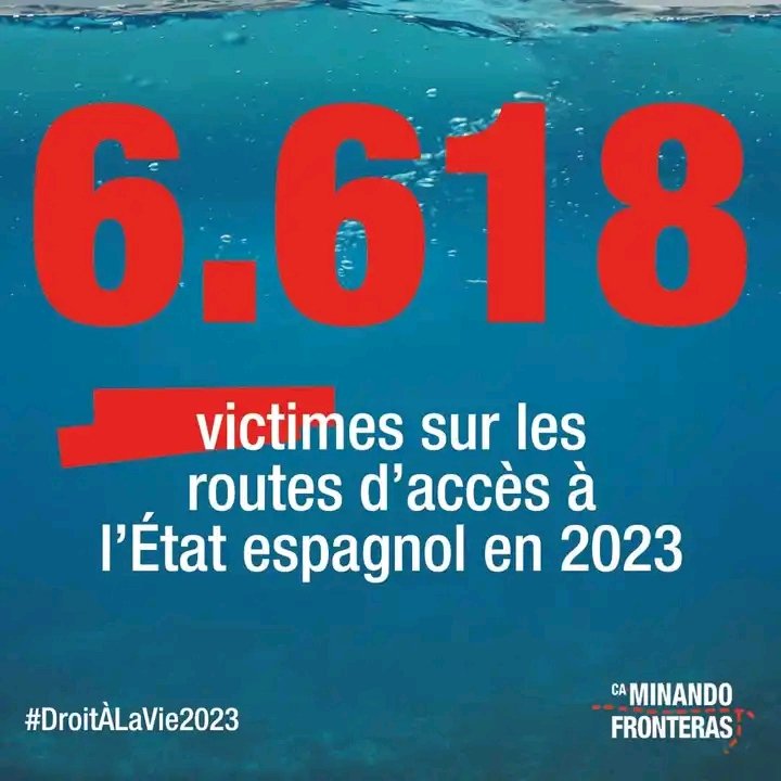 Edu10_D's tweet photo. 🚨 L'année 2023 a été l'année la plus meurtrière aux frontières espagnoles : 6618 personnes sont mortes en tentant de les franchir.

⚠️ Dix-huit personnes en moyenne sont mortes chaque jour à cause des politiques de contrôle des frontières.
#DroitALaVie
🔗https://t.co/aOj9avqifB https://t.co/D1YHlvXIux