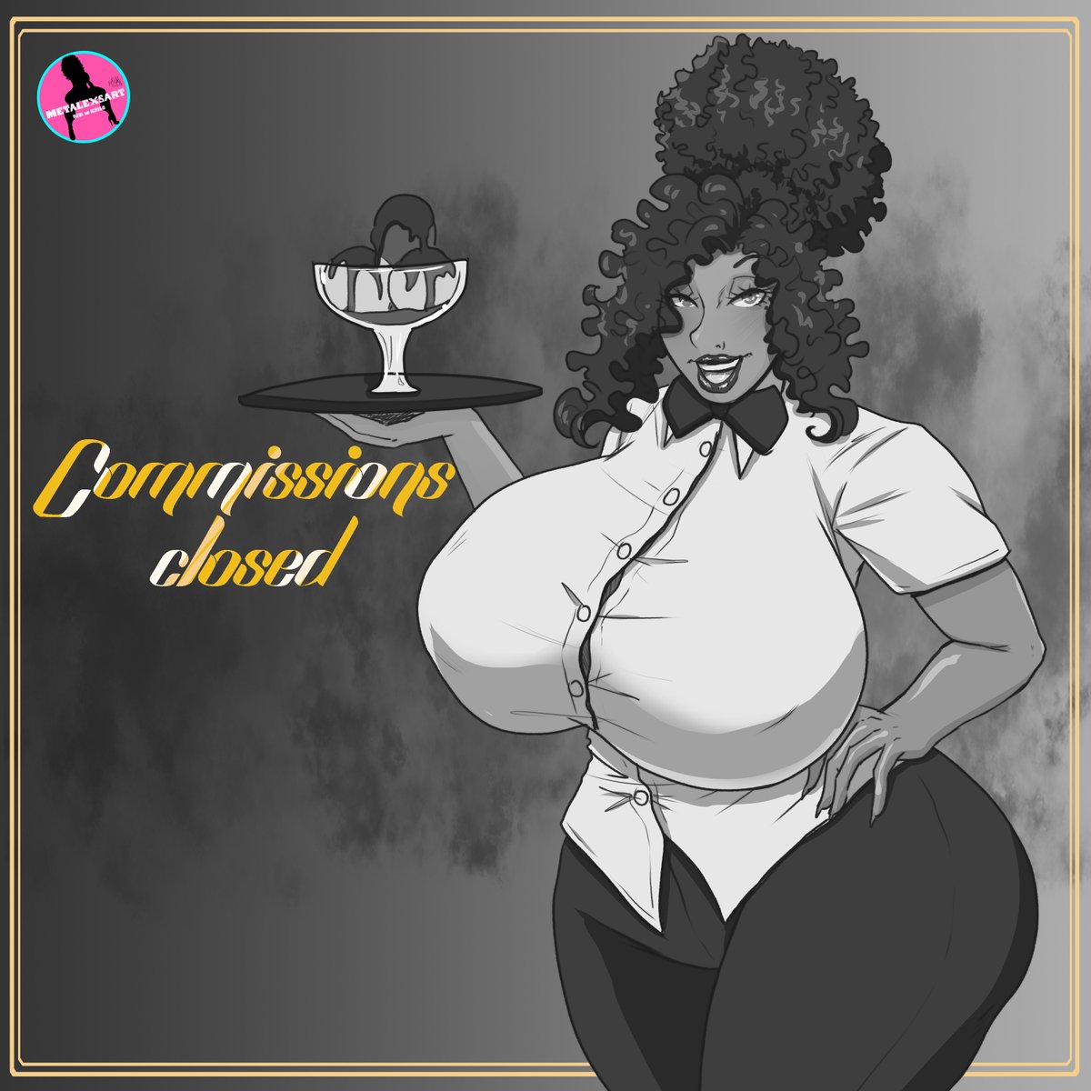 Metalexsart's tweet photo. Midnai: -I have gladly taken all your orders sweethearts😘, thank you very much for your love and support, we hope to open new spots soon 🥵 #waitres #uniform #bigboobsforlife https://t.co/TigdC2gwIf