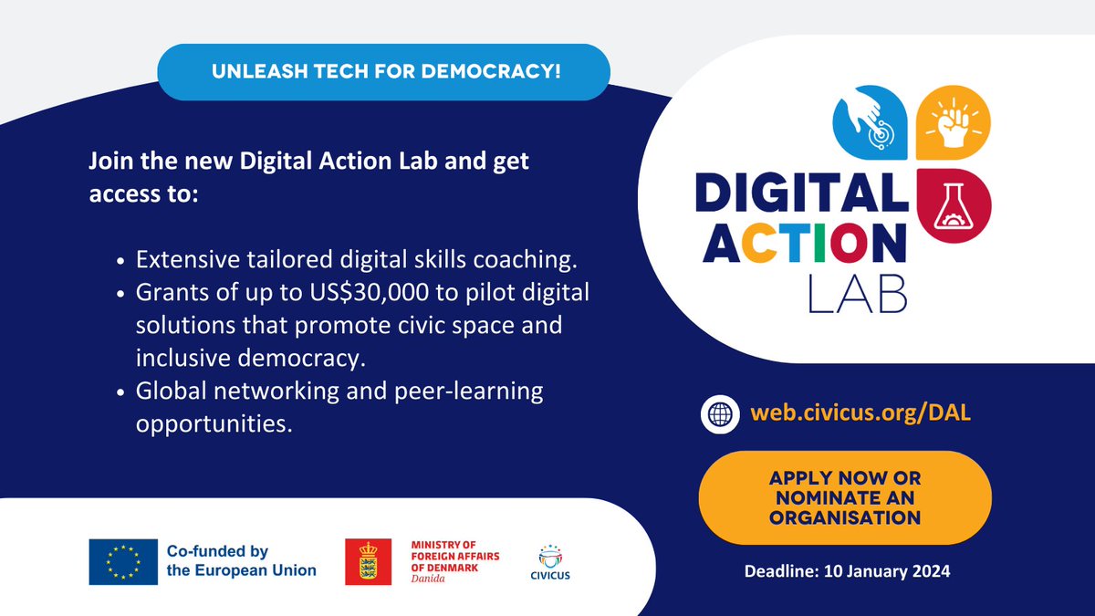 CIVICUSalliance's tweet photo. Do you need to improve your digital skills to promote civic space & inclusive democracy?
Join the #DigitalActionLab! This new 9-month programme offers coaching, up to US$30,000 grants & networking opportunities to local civil society orgs.
Apply now! https://t.co/FCQVK81HEL https://t.co/NpnruSHZyi