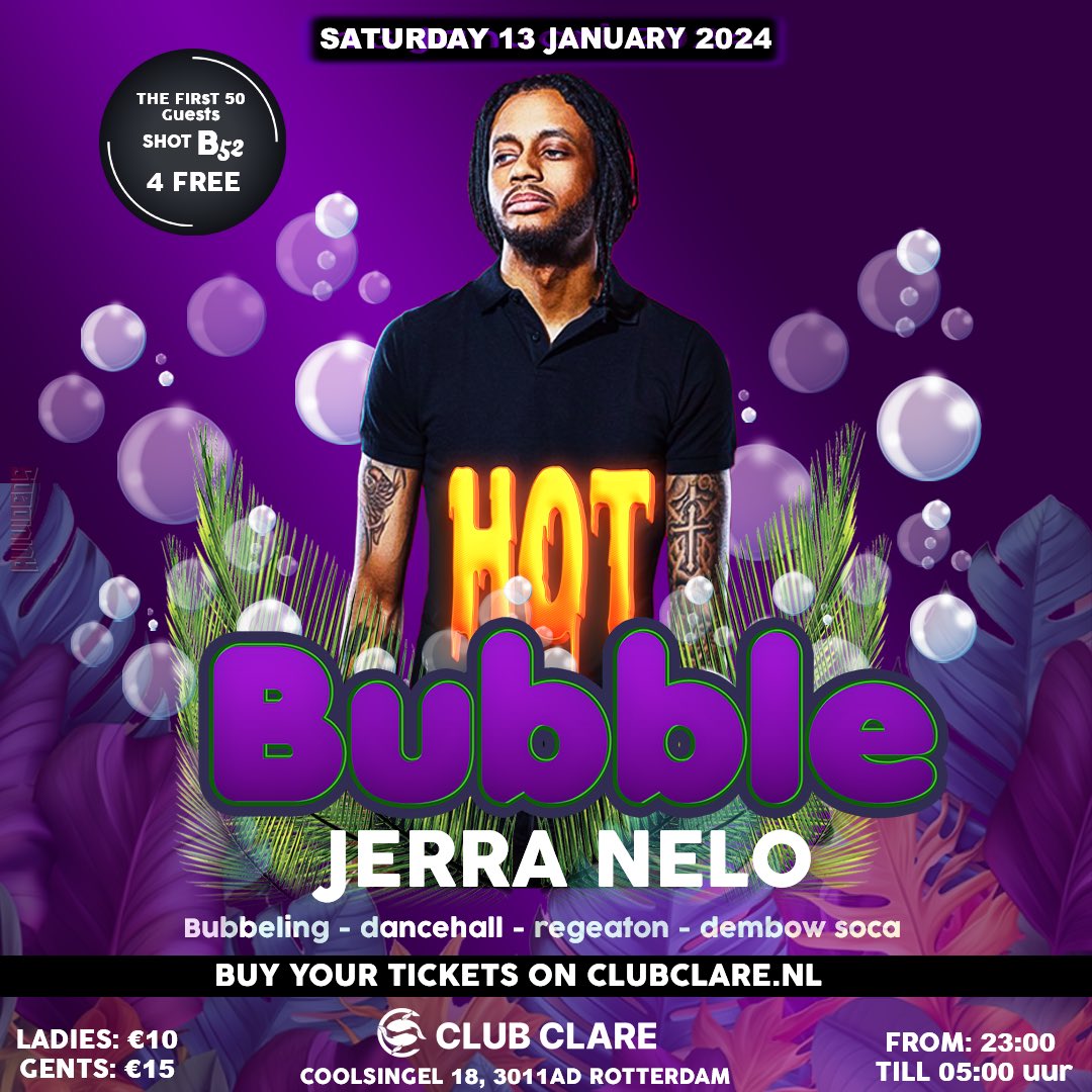 iAMJERRA's tweet photo. Kom ook naar een hete gezellige fissa @clubclarerdam 🔥 Hot bubble 🔥 waar ik een dikke show ga geven en Kom je gezellig mee? Neem je mensen mee! 1e 50 die binnen zijn krijgen een shotje 🍹 🥳 dit wil je niet missen dus haal je tickets snel! https://t.co/KcKNtlXgtL https://t.co/npMgpnleGy