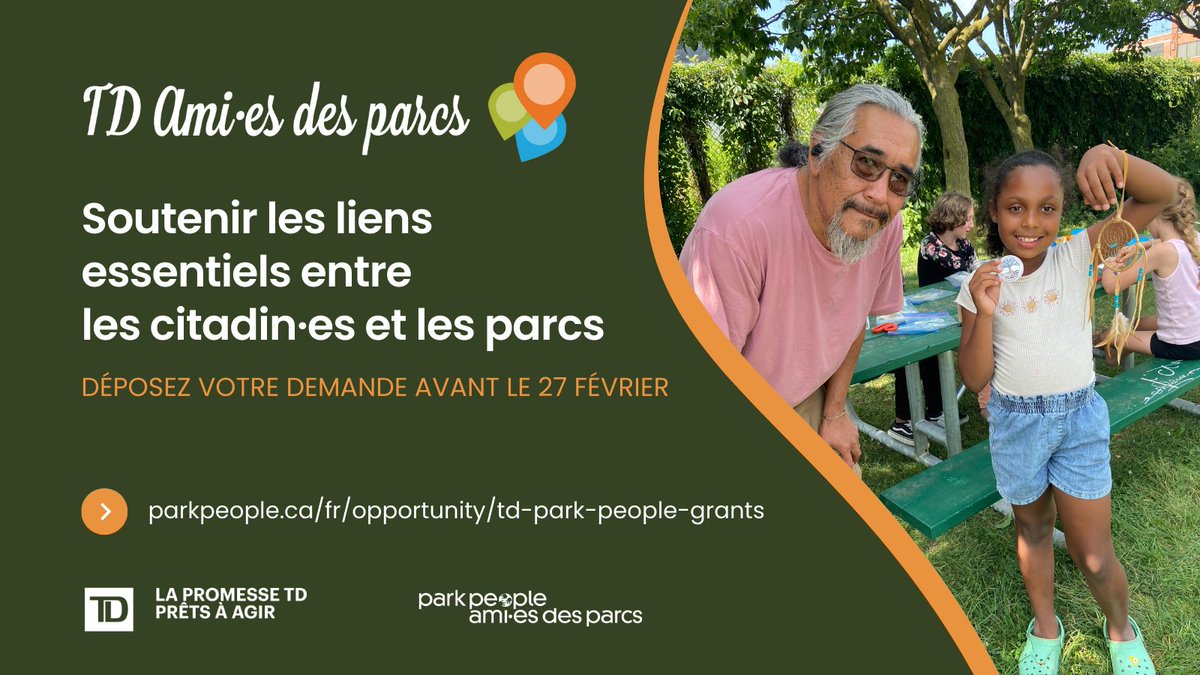 Lancement des bourses TD Ami·es des parcs 2024 à  travers le Canada: Déposez votre demande d'ici le 27 février! 70 #bourses de 2 000 $ sont distribuées pour organiser 2 événements dans les parcs.

parkpeople.ca/fr/opportunity…

<a href="/TD_Canada/">TD (Canada)</a> #PromesseTDPrêtsÀAgir