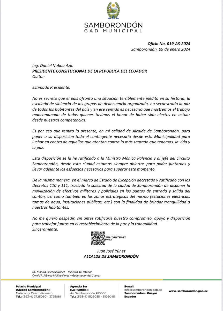 juanjoseyunez's tweet photo. He remitido esta carta al Presidente de la República @DanielNoboaOk en nombre de los samborondeños.   

Samborondón mantiene su disposición para trabajar juntos en el restablecimiento de la paz y la tranquilidad. https://t.co/UkRhrESp4u