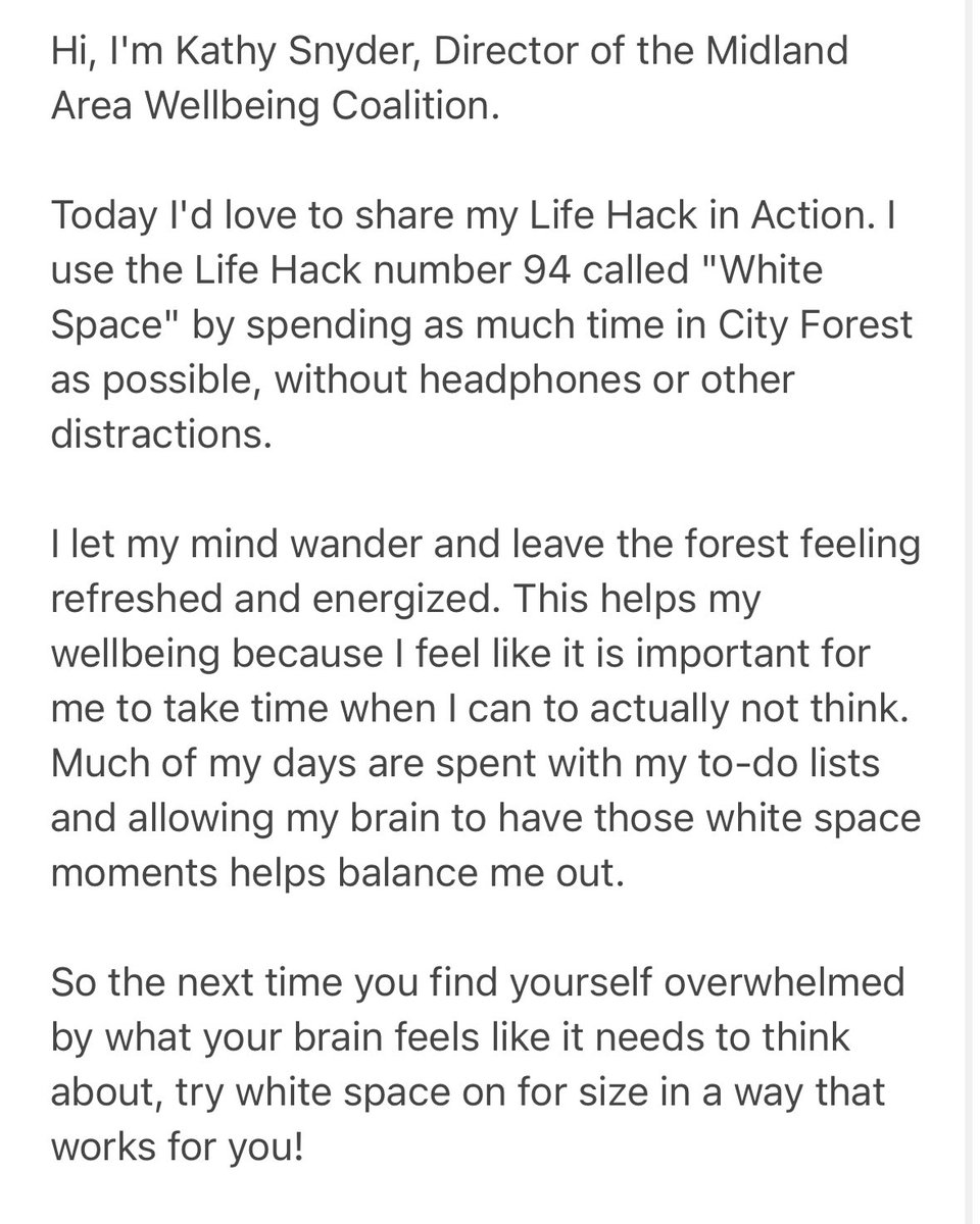 midlandareawbc's tweet photo. Check out this weeks Life Hack in Action from Kathy Snyder, Director of the Midland Area Wellbeing Coalition.

https://t.co/WiaontFxMT

🧡💚

#lifehack #lifehackinaction #midlandareawellbeing #midlandareawellbeingcoalition #mawc #wellbeing #midlandmi https://t.co/E6EXIeTiqM