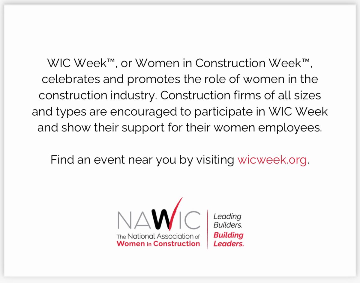 Women in Construction Week a.k.a WIC Week is coming up March 3 - 9, 2024! 
Stay tuned for local NAWIC Triangle events! 
#NAWIC #WIC #WICWeek2024 #WICWeek #NationalAssociationofWomenInConstruction