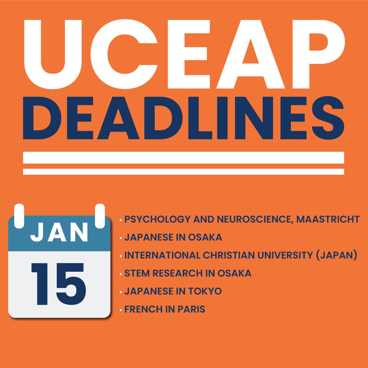 We have another UCEAP deadline Jan 15th.

Search programs here: bit.ly/3tO8pP4

Get your applications in before it's too late!!

#uceap #studyabroad #bearsabroad