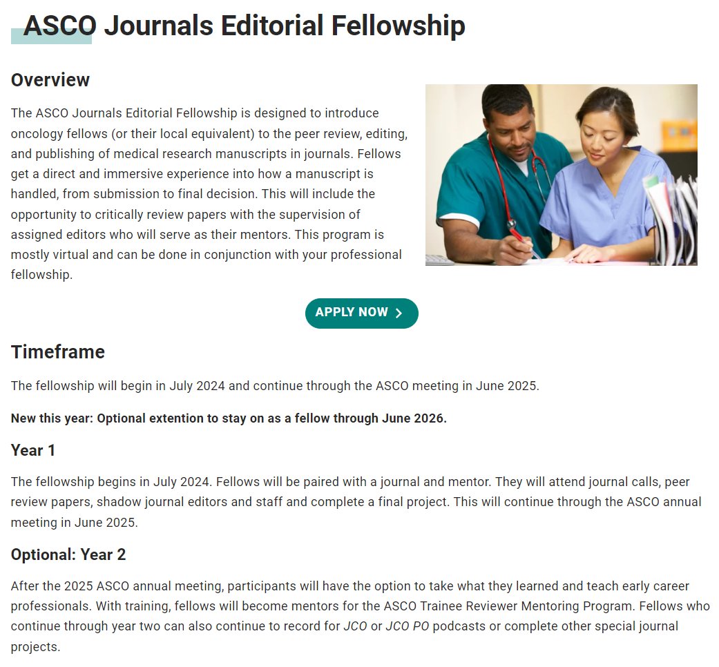 2⃣ @ASCO Journals Editorial Fellowship 🏆
➡️Link: ascopubs.org/fellowship

#ASCOConnection Articles:
'My Experience as an ASCO Journals Editorial Fellow'
connection.asco.org/blogs/lessons-…

'A Journey From Submission to Final Decision'
connection.asco.org/blogs/asco-jou…

🌟Application period now OPEN!