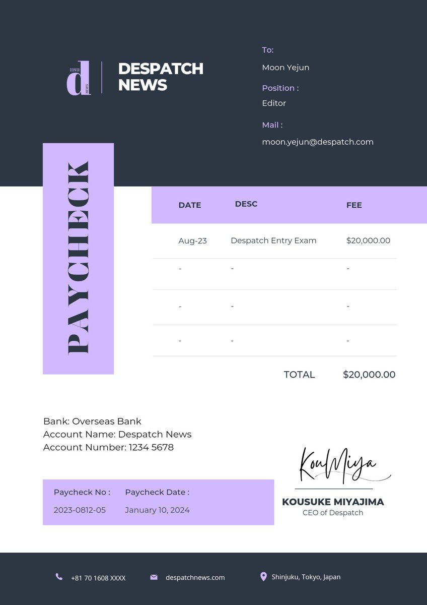 despatchnews's tweet image. ㅤ
Sender﹔ Despatch News
Recipient﹔﹙@workhing﹚
╾┈┈┈┈┈┈┈· · ·

𝒆𝒎𝒂𝒊𝒍.ᐟ 

Please find your paycheck as of Aug 2023 - Dec 2023.

Best Regards
Despatch Payroll Team
ㅤ