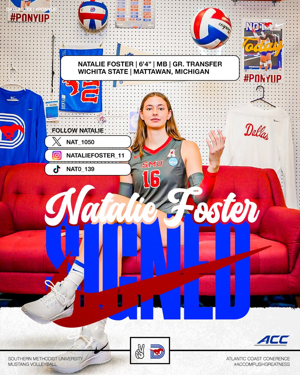 𝓦𝓮𝓵𝓬𝓸𝓶𝓮 𝓽𝓸 𝓓𝓪𝓵𝓵𝓪𝓼

It’s official! Natalie Foster (6'4" MB), grad transfer from Wichita State, joins the conference-champion SMU Mustangs! Give her a follow 👇 Mustangs!

#PonyUpDallas | <a href="/nat_1050/">Natalie Foster</a>