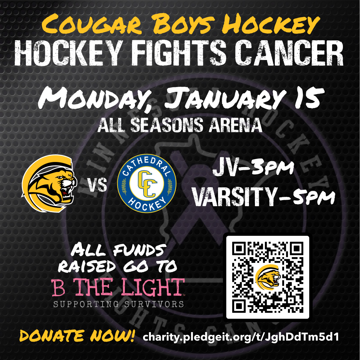 🚨DATE CHANGE! Join the Cougs for Hockey Fights Cancer on MONDAY! 💪💜🏒🥅

B the Light is a LOCAL breast cancer support org that does incredible things for fighters and survivors. They've been HUGE for me during my battle with cancer. Please join us!