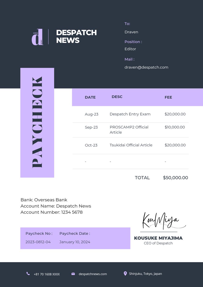 despatchnews's tweet image. ㅤ
Sender﹔ Despatch News
Recipient﹔﹙@filo_tee_mo﹚
╾┈┈┈┈┈┈┈· · ·

𝒆𝒎𝒂𝒊𝒍.ᐟ 

Please find your paycheck as of Aug 2023 - Dec 2023.

Best Regards
Despatch Payroll Team
ㅤ