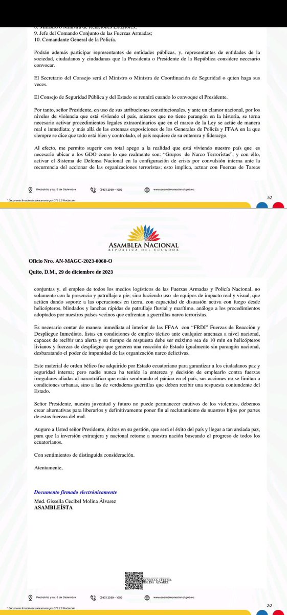 LlamingoE's tweet photo. ¡ @GissMolinaEC ASAMBLEÍSTA DE GENTE BUENA SOLICITÓ SE DECRETE ESTADO DE EXCEPCIÓN EN DICIEMBRE DE 2023!

“Los GDOs, tiene tomado el país a través de distintas estructuras a nivel país”, así lo advirtió la legisladora de @GENTEBUENAECU, en una solicitud emitida a @DanielNoboaOk. https://t.co/4a6ok6hWFy