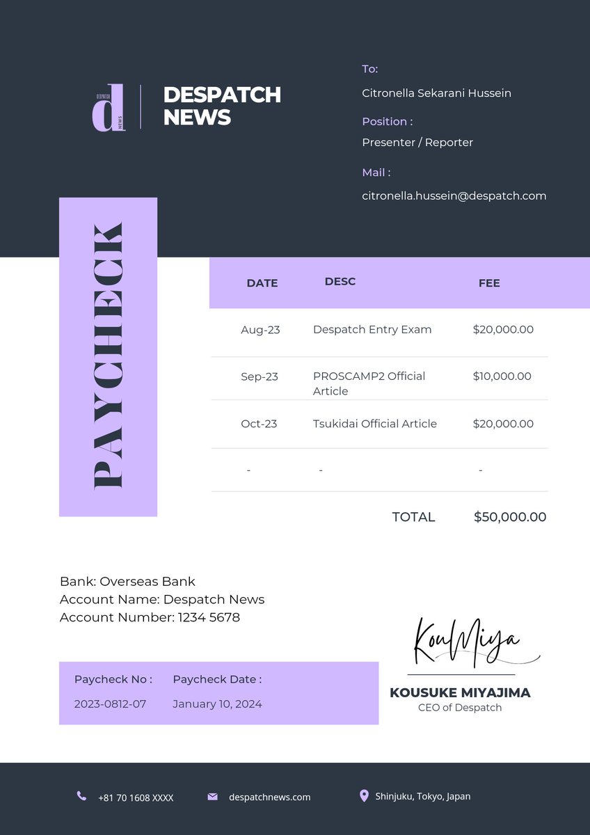 despatchnews's tweet image. ㅤ
Sender﹔ Despatch News
Recipient﹔﹙@scarletnothason﹚
╾┈┈┈┈┈┈┈· · ·

𝒆𝒎𝒂𝒊𝒍.ᐟ 

Please find your paycheck as of Aug 2023 - Dec 2023.

Best Regards
Despatch Payroll Team
ㅤ