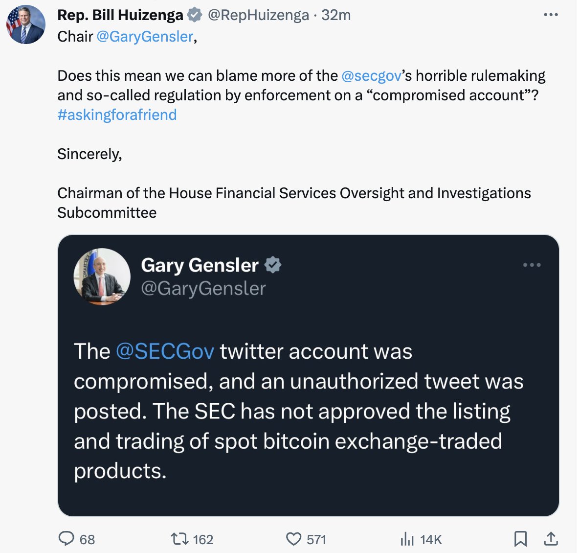 JUST IN: 🇺🇸 Chairman of the House Financial Services Oversight and Investigations Subcommittee calls out Gary Gensler for today's SEC disaster.
