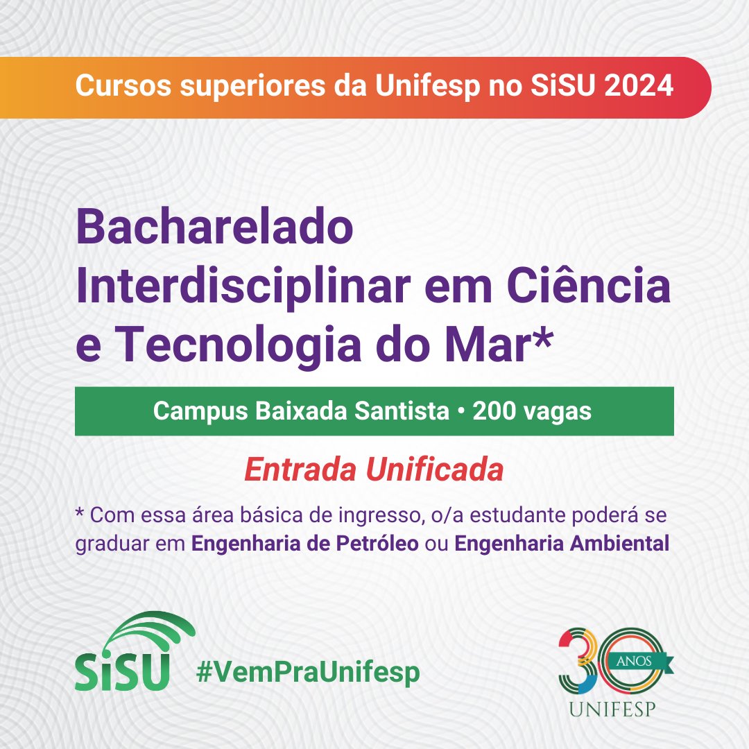 unifesp's tweet photo. Conhece o BICT-Mar? Com foco em Ciências do Mar, o curso tem duração de 3 anos e forma profissionais com uma visão integrada e humanística baseada em sólidos conhecimentos científicos e tecnológicos. Para saber mais, acesse: https://t.co/P3jmnyESZH. #unifesp #sisu #VemPraUnifesp https://t.co/FvNiJpBWAM
