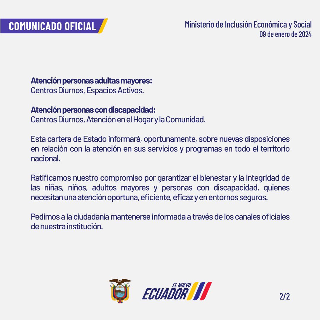 COMUNICADO OFICIAL | #MIES suspende atención presencial, hasta el 10 de enero de 2024, en los servicios directos y en convenios.
Ratificamos nuestro compromiso de precautelar la seguridad, garantizar el bienestar y la integridad de nuestros grupos prioritarios.
Más información ⤵️
