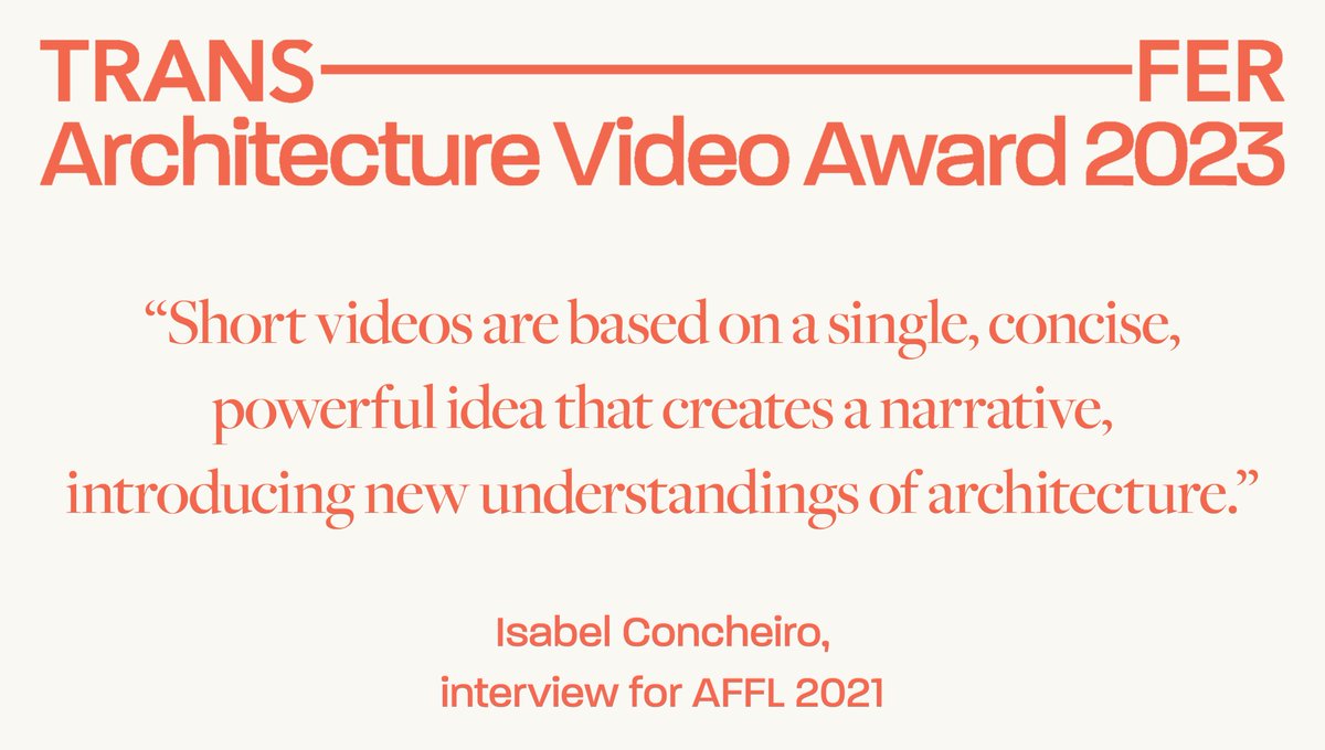 TransferArch's tweet photo. The #TRANSFERVideoAward is looking for the most innovative short films in the field of architecture, city or landscape worldwide.

Submit your short film until January 15, 2024!
https://t.co/KnoiSMvBwu

#videoarchitecture #architectureaward #videoaward #architecturefilm #quote https://t.co/mGR70K2raz