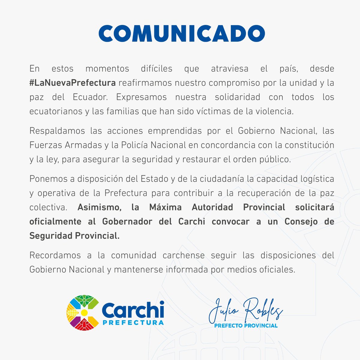 CarchiPrefectur's tweet photo. 🔴 #ATENCIÓN | COMUNICADO IMPORTANTE 

Ante la conmoción que vive el país. ➡️ https://t.co/cP4lUXBAwm