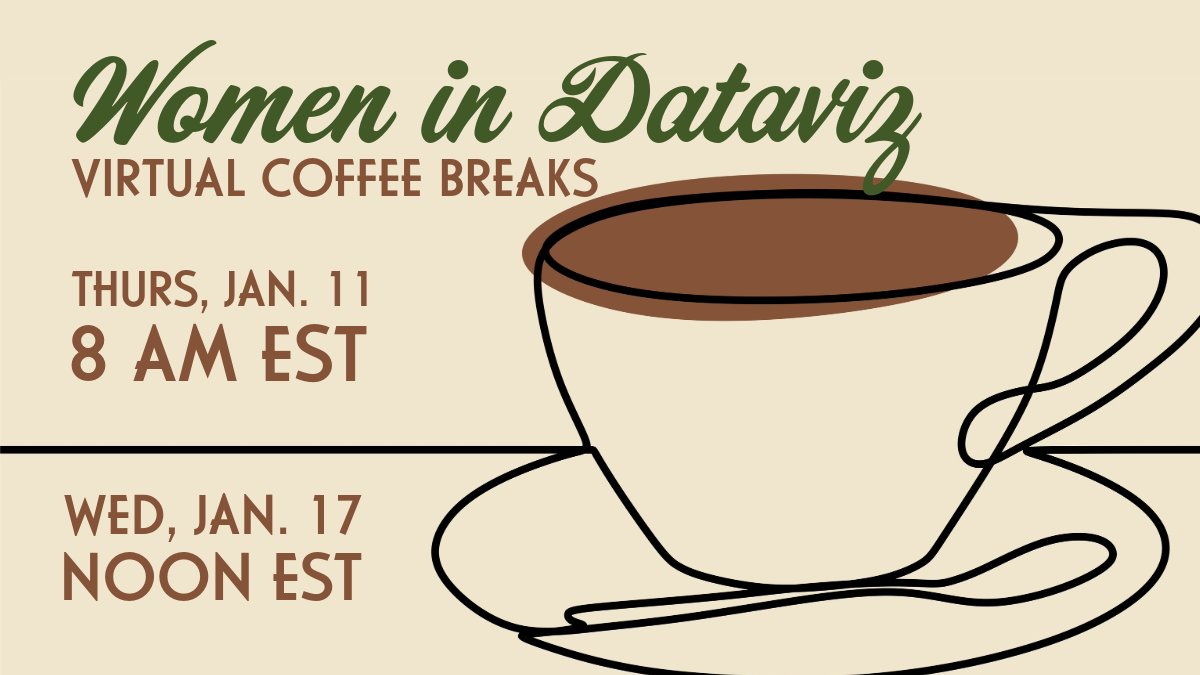 [UPDATED] Our first Virtual Coffee Break of 2024 happens this Thursday, 1/11, at 8 AM EST, and our first EVER noon Virtual Coffee happens next Wednesday at noon EST. To get the meeting links, go to the link in our bio, then click Community Calendar. #DataFam #womenindataviz