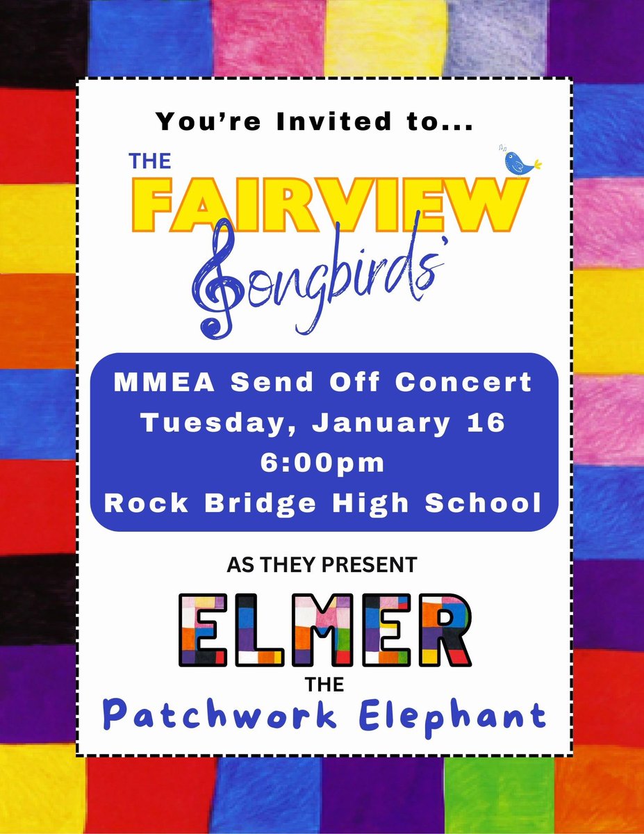 The Fairview Songbirds are performing at the 86th Annual Missouri Music Educators Association Conference.  
🥳🎉Help wish them well at their Send Off Concert on January 16. 🎉🥳

RBHS Orchestra &amp; RBHS Wind Symphony performing at 7pm the same night! <a href="/FVEFalcons/">Fairview Elem COMO</a> <a href="/cpsfinearts/">CPS Fine Arts</a>