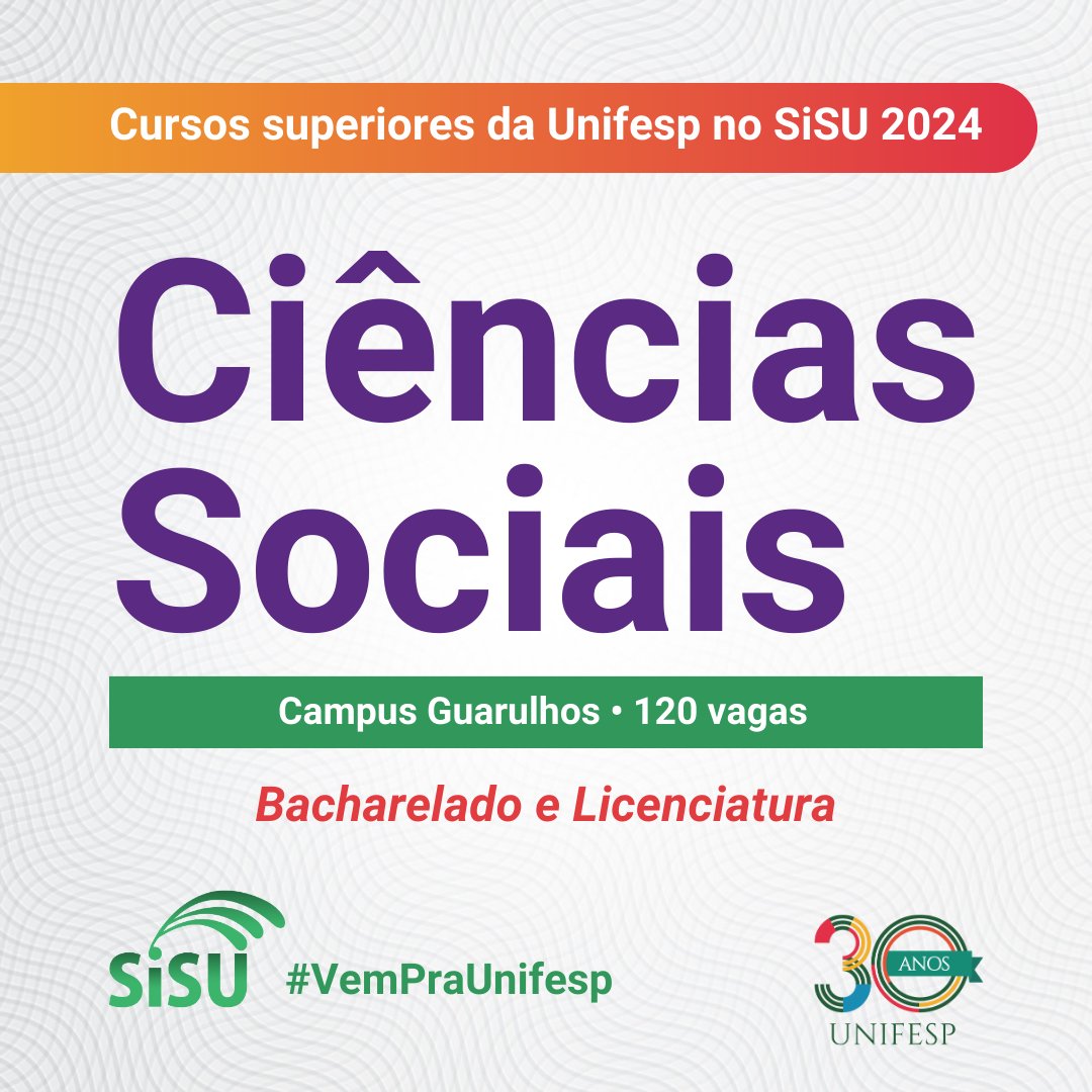 unifesp's tweet photo. Já imaginou poder escolher se graduar em bacharelado ou licenciatura no decorrer do curso? A modalidade Área Básica de Ingresso (ABI) está disponível para a graduação em Ciências Sociais, basta se inscrever pelo SiSU: https://t.co/P3jmnyESZH. #unifesp #sisu #VemPraUnifesp https://t.co/3h2Gf9piwx