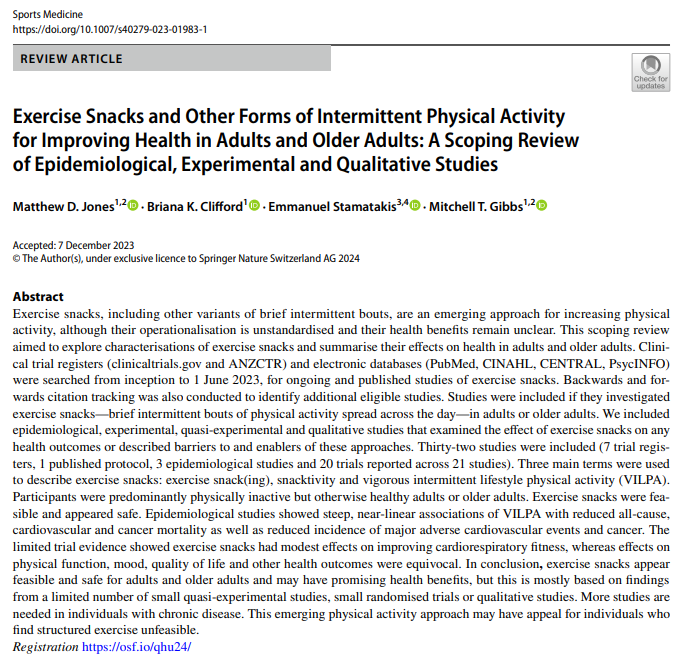 jacksonfyfe's tweet photo. “Exercise snacks”: a promising alternative to structured exercise.

But does the evidence match the hype?

New scoping review of 32 studies found exercise snacks (with bouts ranging from 15 sec - 10 min) and other forms intermittent physical activity:

✅ Are feasible and safe in adults and older adults
🏥 Are linked to reduced morbidity and mortality
❤️ Have modest effects on cardiorespiratory fitness
💪 Have unclear effects on physical function and other health markers

🟢 Enablers: flexibility of the approach, motivation, and perceived health benefits

🛑 Barriers: lack of time/motivation for multiple snacks per day, physical limitations, and safety concerns

🤔 Limitations: short duration of available studies (4-12 weeks) and lack of evidence in those with chronic disease

Features some of our work from @DeakinIPAN and @Deakin_ExSc 

https://t.co/qrQDkX5bvx