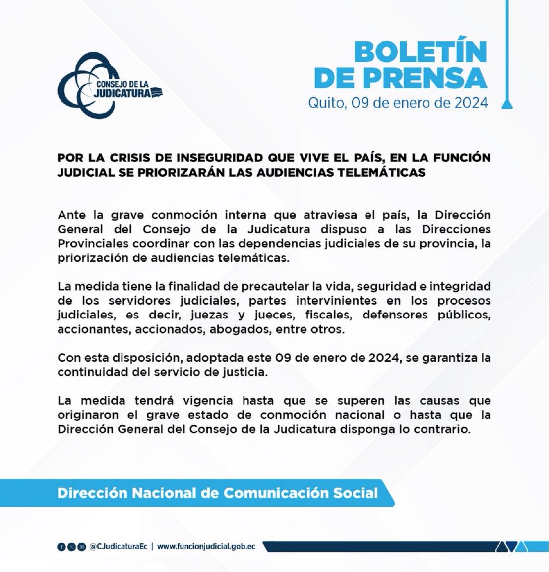 IMPORTANTE ➡️ Mientras dure la grave conmoción interna en el país, se priorizarán las audiencias telemáticas. Así se precautela la integridad de usuarios y servidores de la #FunciónJudicial.
Estamos #ComprometidosConLaJusticia