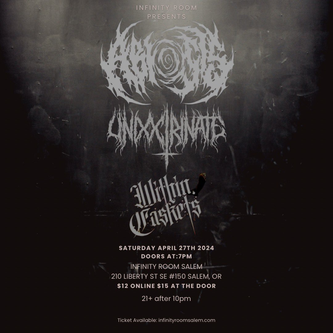 withincaskets's tweet photo. If you are in Salem on April 27th, come hangout and listen to some amazing music. We are working hard to make Salem heavy again and The Infinity Room is helping lead the charge. 

Tickets: https://t.co/aAQRNamEXV https://t.co/3aah1nVuqF
