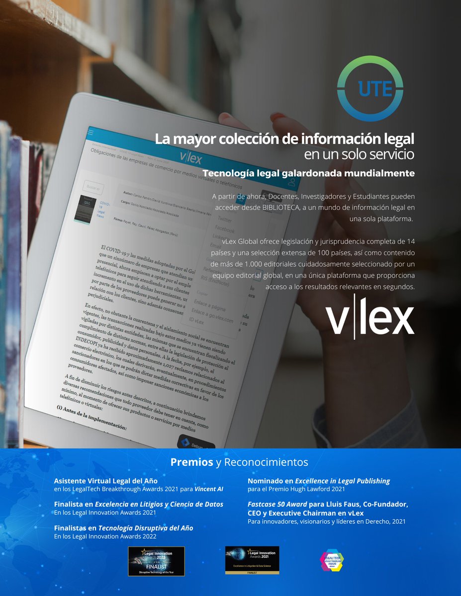 #UTEinforma I CAPACITACIÓN
¿Qué es la base de datos vLEX❓¿cómo acceder❓
🟢vLex es una base de datos bibliográfica jurídica con contenidos en legislación, jurisprudencia y doctrina.
🔵Ofrece más de 3.500 títulos en texto completo.
🗓️10 de enero
⌚️18:00
📍bitly.ws/39iMU