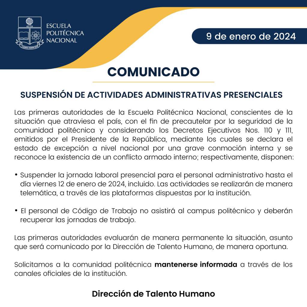 EPNEcuador's tweet photo. 📢Debido a los últimos sucesos ocurridos en el país y con el fin de cuidar la integridad de la comunidad politécnica, las autoridades de la #EPN toman nuevas decisiones.

➡️Manténgase informado a través de los canales oficiales. https://t.co/mew16wlzZ2
