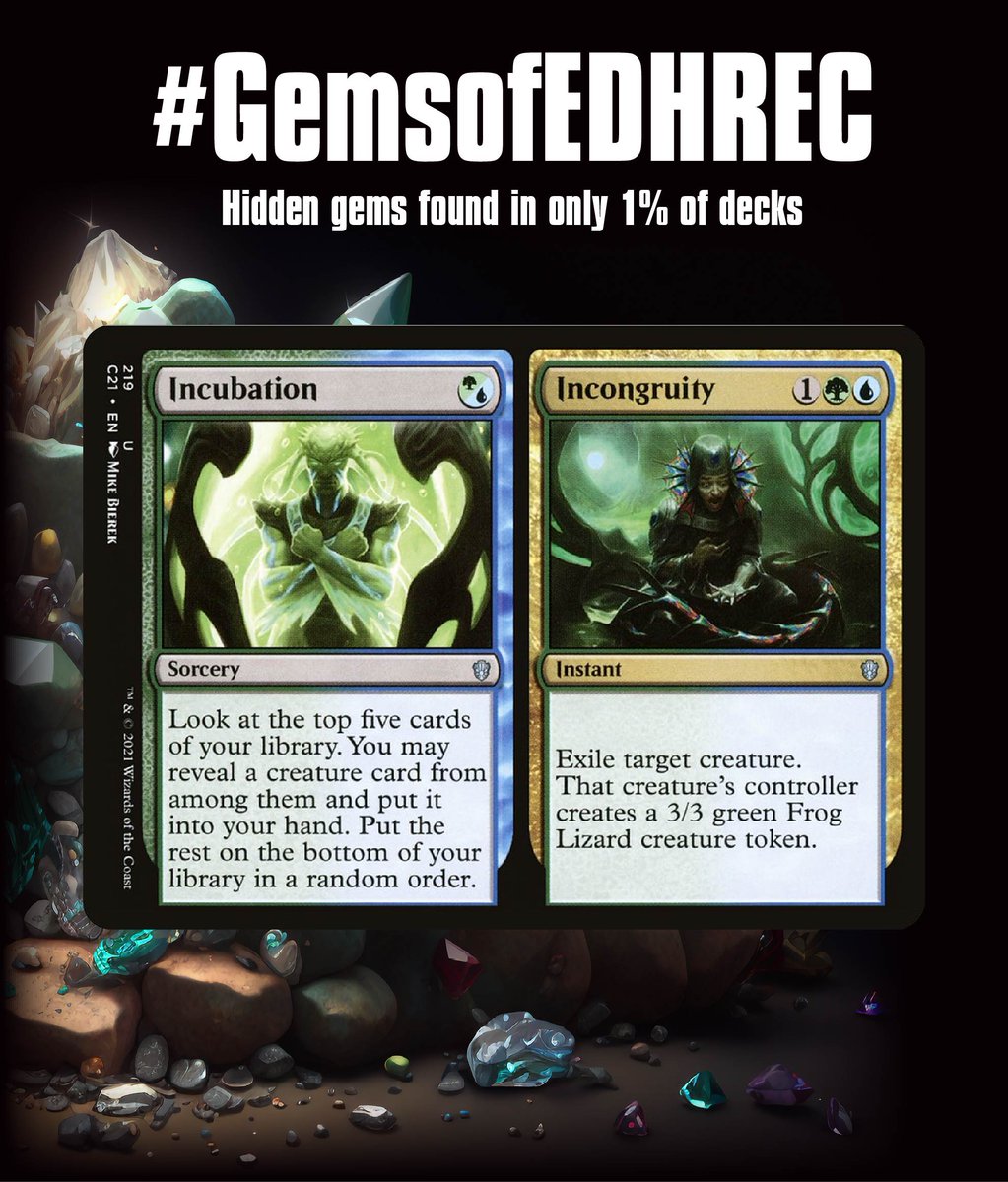 edhrec's tweet photo. The Tuesday #GemsofEDHREC is one which will always have you subtly tilting your head when you draw it.
Incubation//Incongruity acts like a Simic Beast Within, exchanging the permanent flexibility for some card selection utility. https://t.co/uM2zyJZj15