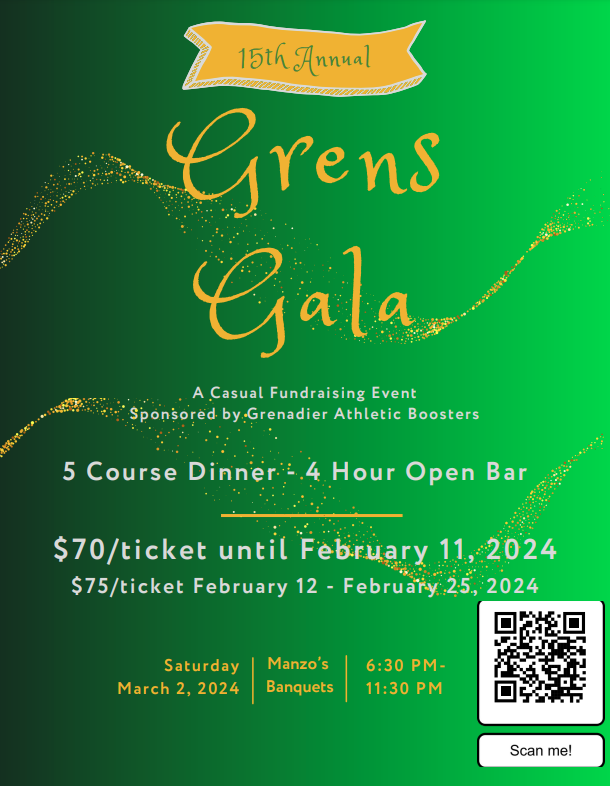 GrenAthletics's tweet photo. Join us at the Grenadier Athletic Booster's 15th annual Grens Gala! See you there and spread the word! https://t.co/dqptlc64ma
