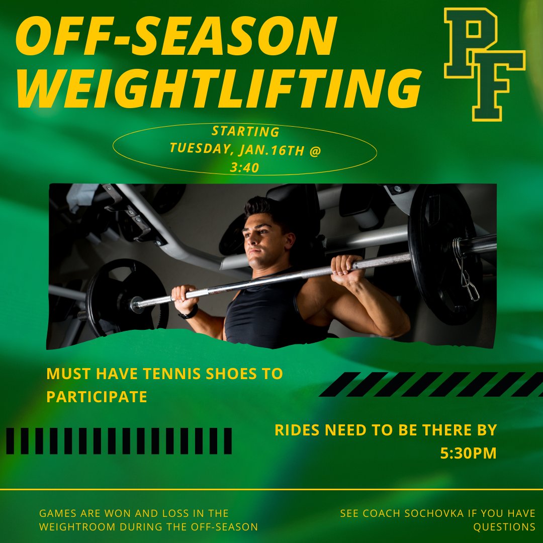Win and Losses are determined in the weight room in the off-season. Help the Trojan's win by getting in the weight room starting on Tuesday, January 16th @ 3:40pm rides must be there no later than 5:30pm. See Coach Sochovka if you have any questions!