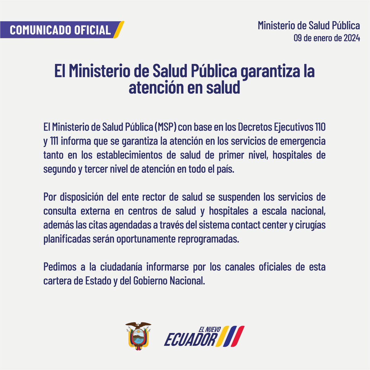 Salud_Ec's tweet photo. #ComunicadoOficial | El Ministerio de @Salud_Ec Pública garantiza la atención en servicios de emergencias en el país 🇪🇨.

Más información ⬇️ https://t.co/pZTcJGrWj6