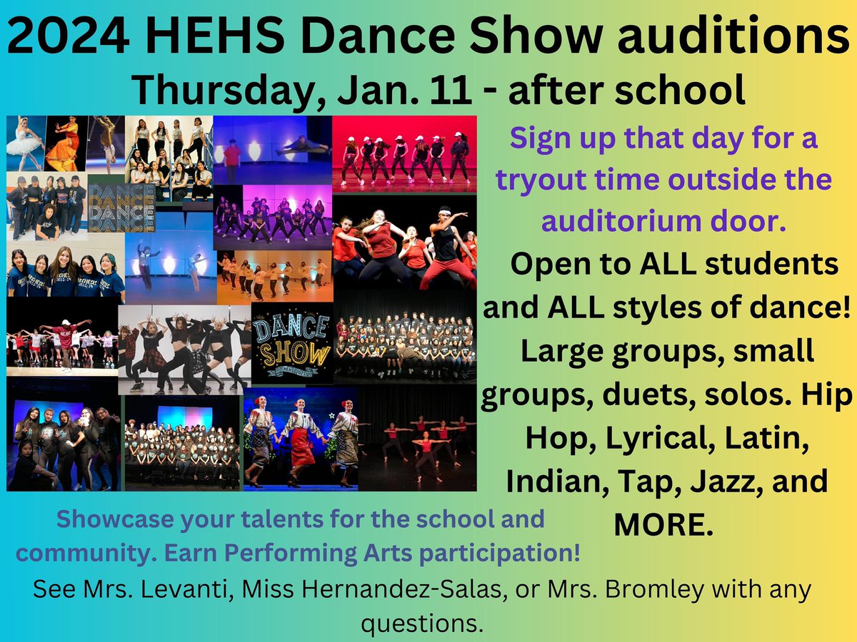 HEHSDanceClub's tweet photo. All @HEHSHawks are welcome to audition for the 2024 HEHS Dance Show! Auditions are this Thursday, 1/11 after school in the auditorium! #HoffmanHawks https://t.co/P1tDkr4HyZ