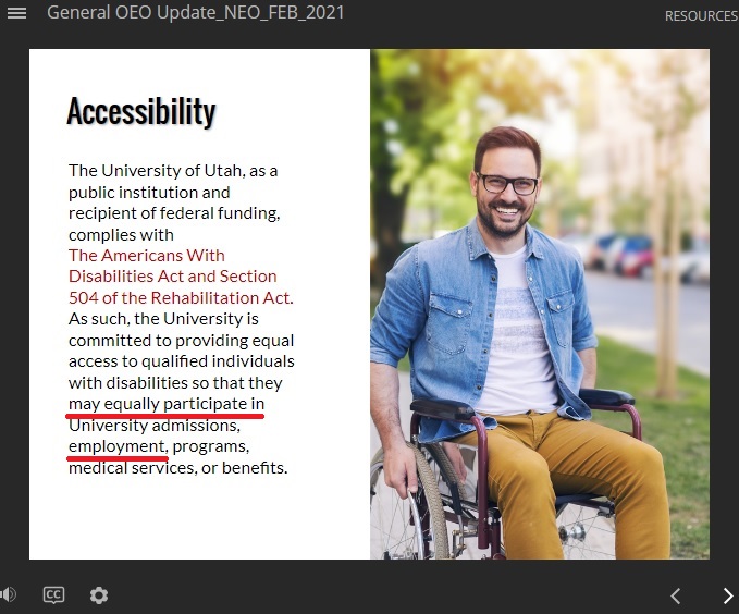 That awkward moment when your annual anti-discrimination training clearly uses an ambulator in place of a regular wheelchair user when talking about equal employment opportunity. 1950s chair design? ✔️. No cushion? ✔️. Developed leg muscles? ✔️. Flat abs? ✔️.  Irony? ✔️✔️