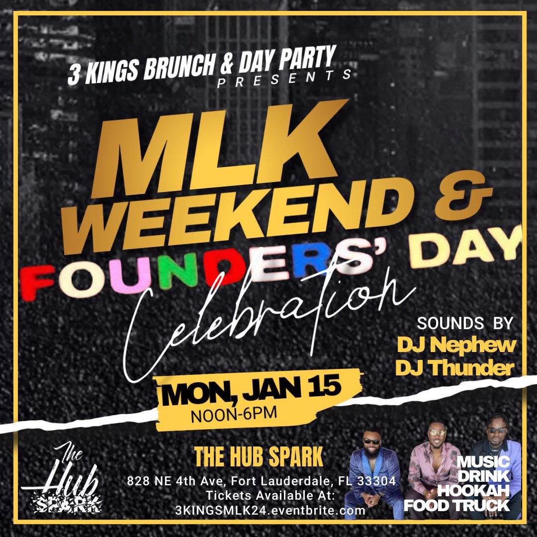 🗣️ Calling all Greeks celebrating their Founders’ Day this month‼️

#3KingsBrunch &amp; Day Party 👑is back to celebrate the extended weekend! Music 🎶, food 🍔, drinks 🍹, and positive vibes!
•
Everyone is invited! Come hang with the brunch kings of SoFlo!

Link in bio‼️