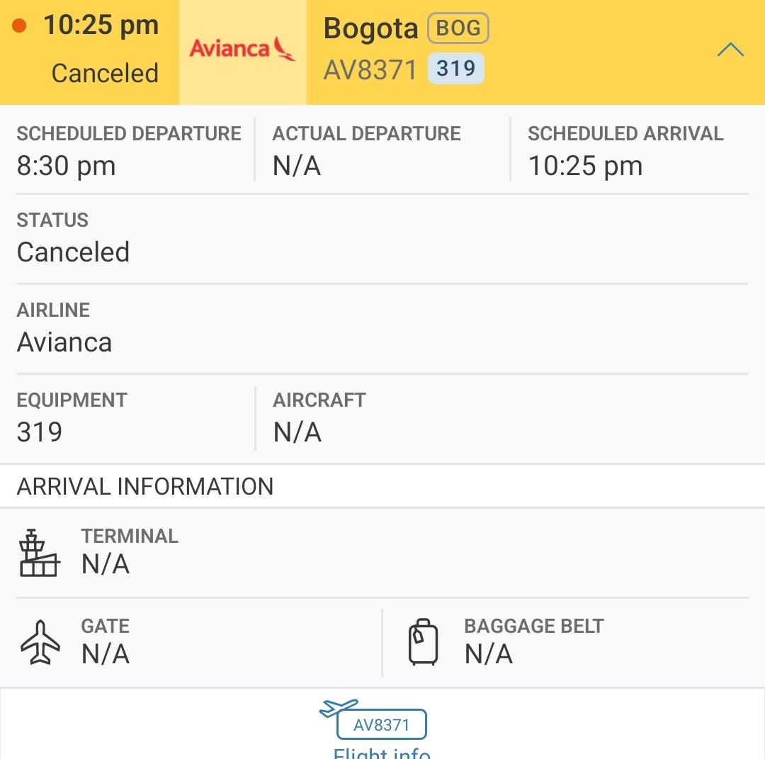 n_larenas's tweet photo. En este momento Avianca cancela los dos vuelos de la noche/madrugada entre Bogotá y Guayaquil de hoy 👇 https://t.co/27yE0cxBfg